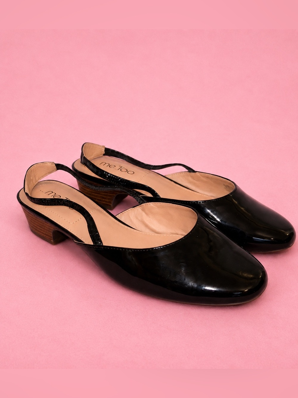 Me Too Gianna Slingback Pump Black Patent Leather Low Heel Comfort Shoes Size 9W